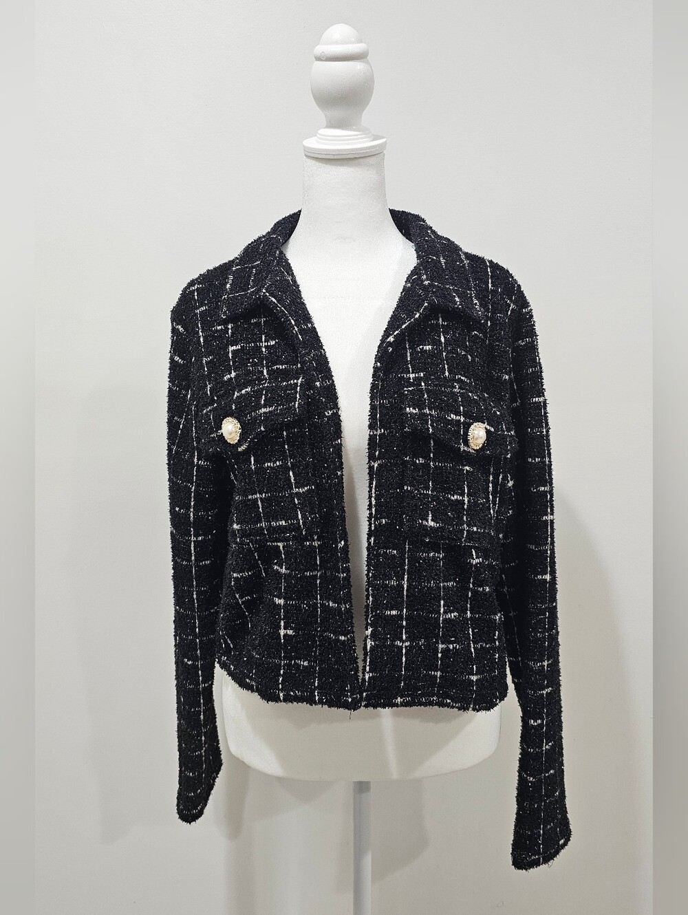 Sincerely Jules Black Windowpane Tweed Blazer with Pearl Buttons